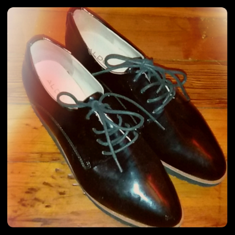Also patent leather wedge oxfords